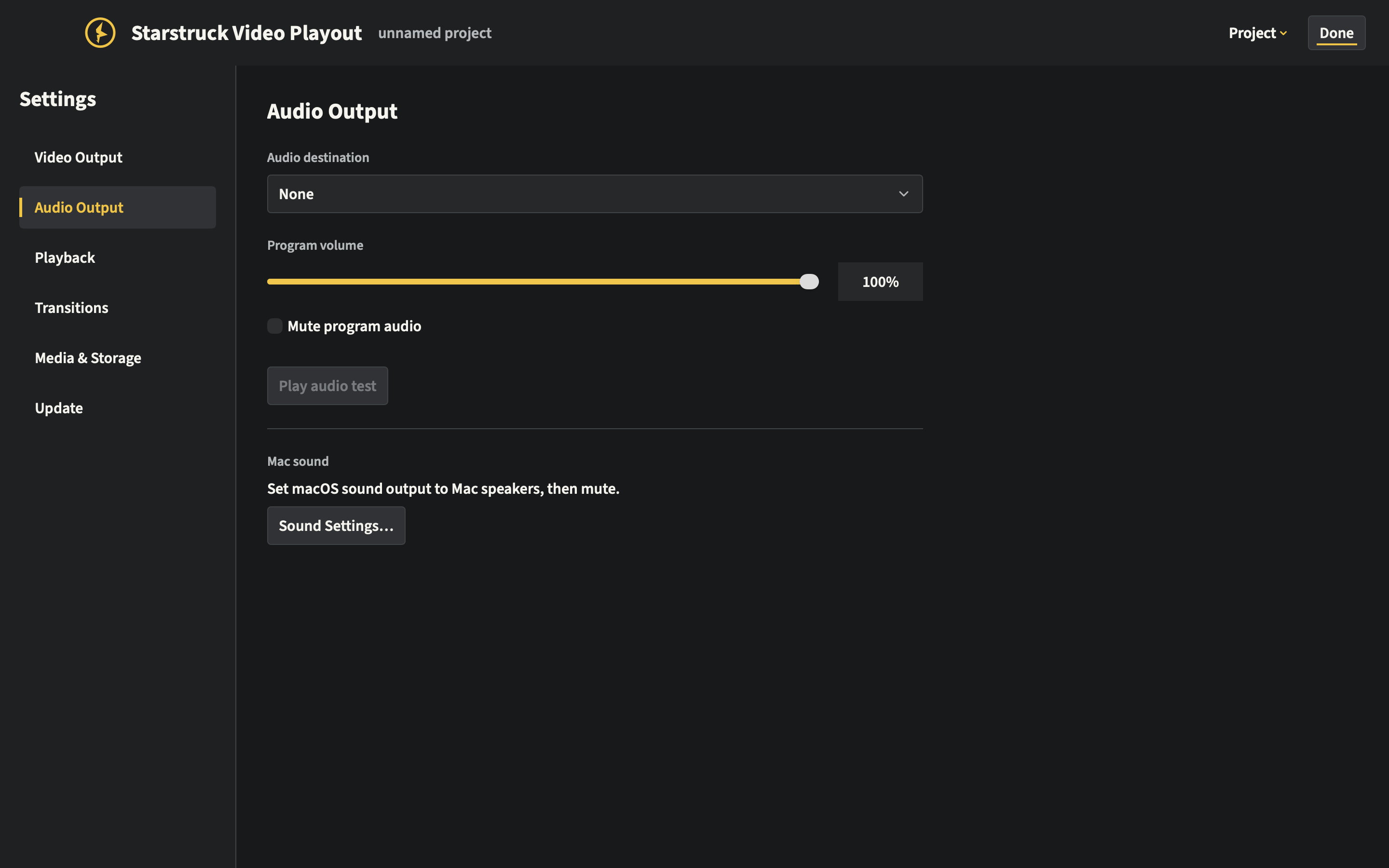 Audio Output settings with the destination selector, Program volume, mute and Play audio test controls.