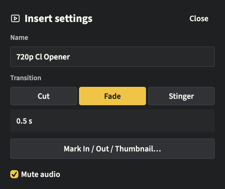 Insert settings with its name, transition and Mute audio control.