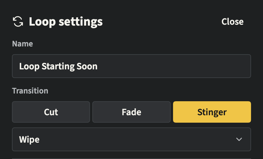 Cut, Fade and Stinger choices in a tile's settings.