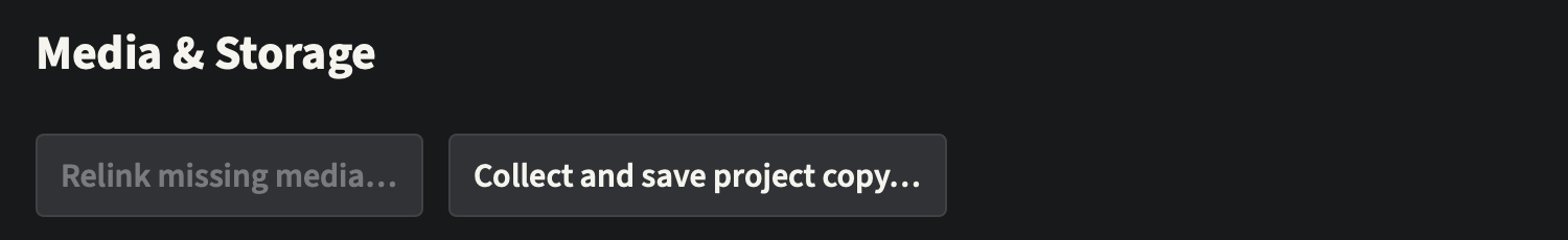 Media and Storage actions including an unavailable Relink missing media button.
