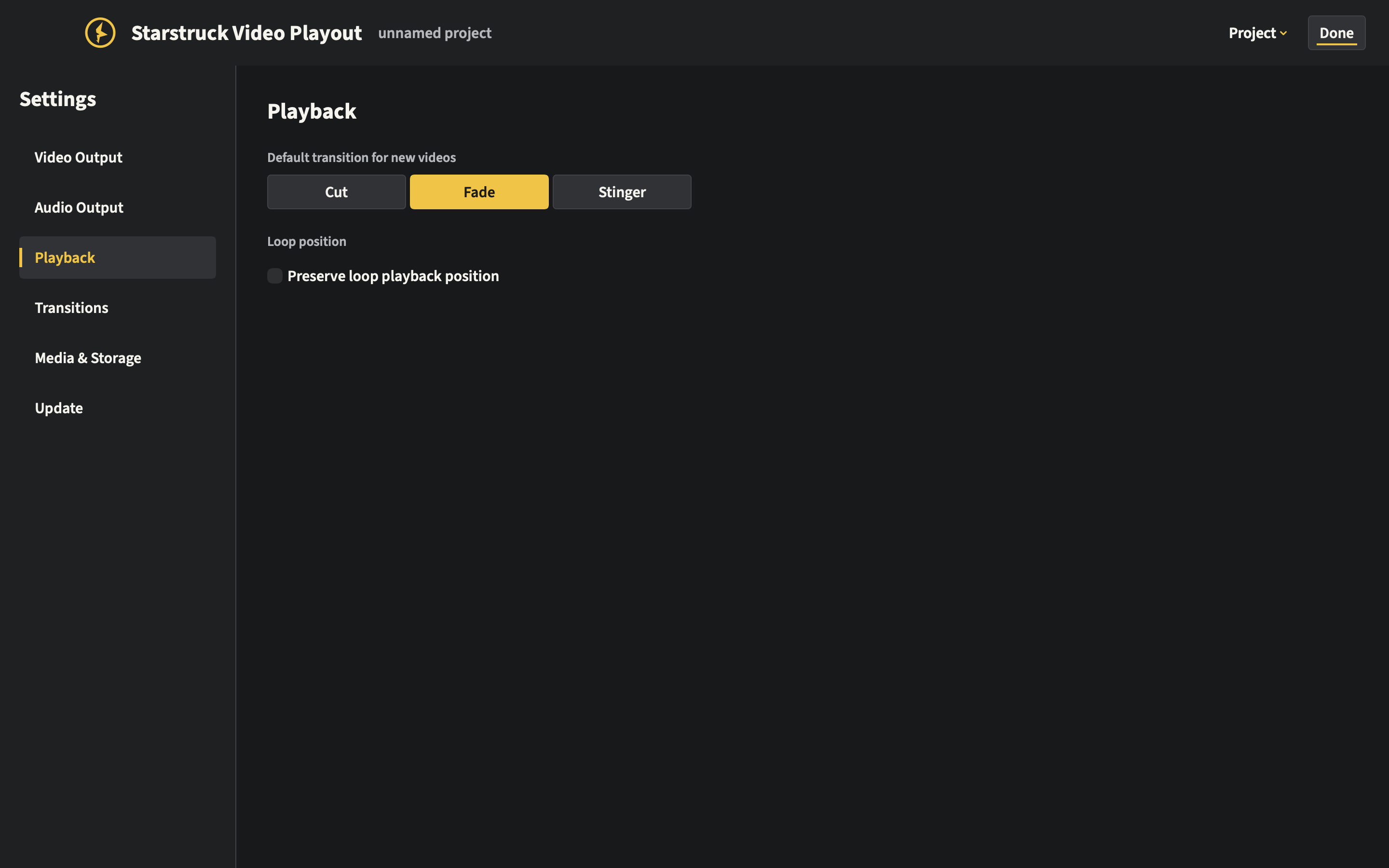 Playback settings with the default new-video transition and Loop-position option.