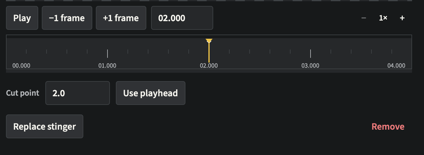 The stinger timeline, playhead and cut-point controls at two seconds.