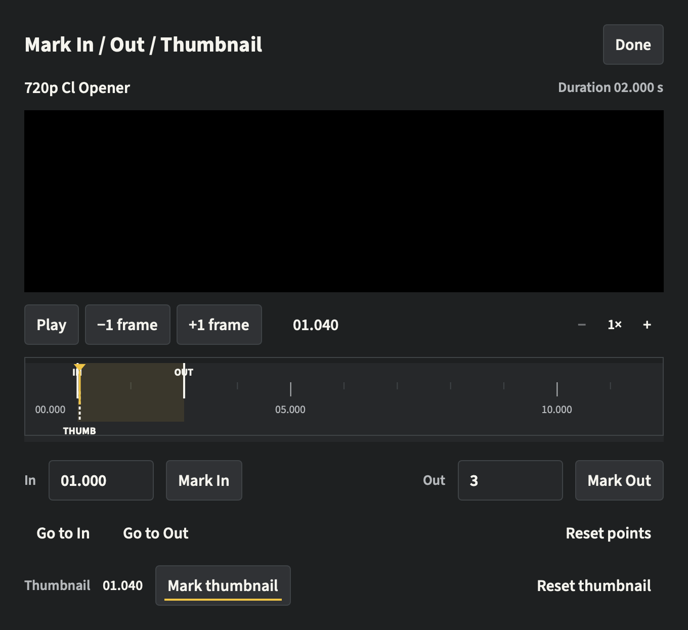 The Insert editor with its preview, In and Out markers, trimmed Duration and thumbnail controls.