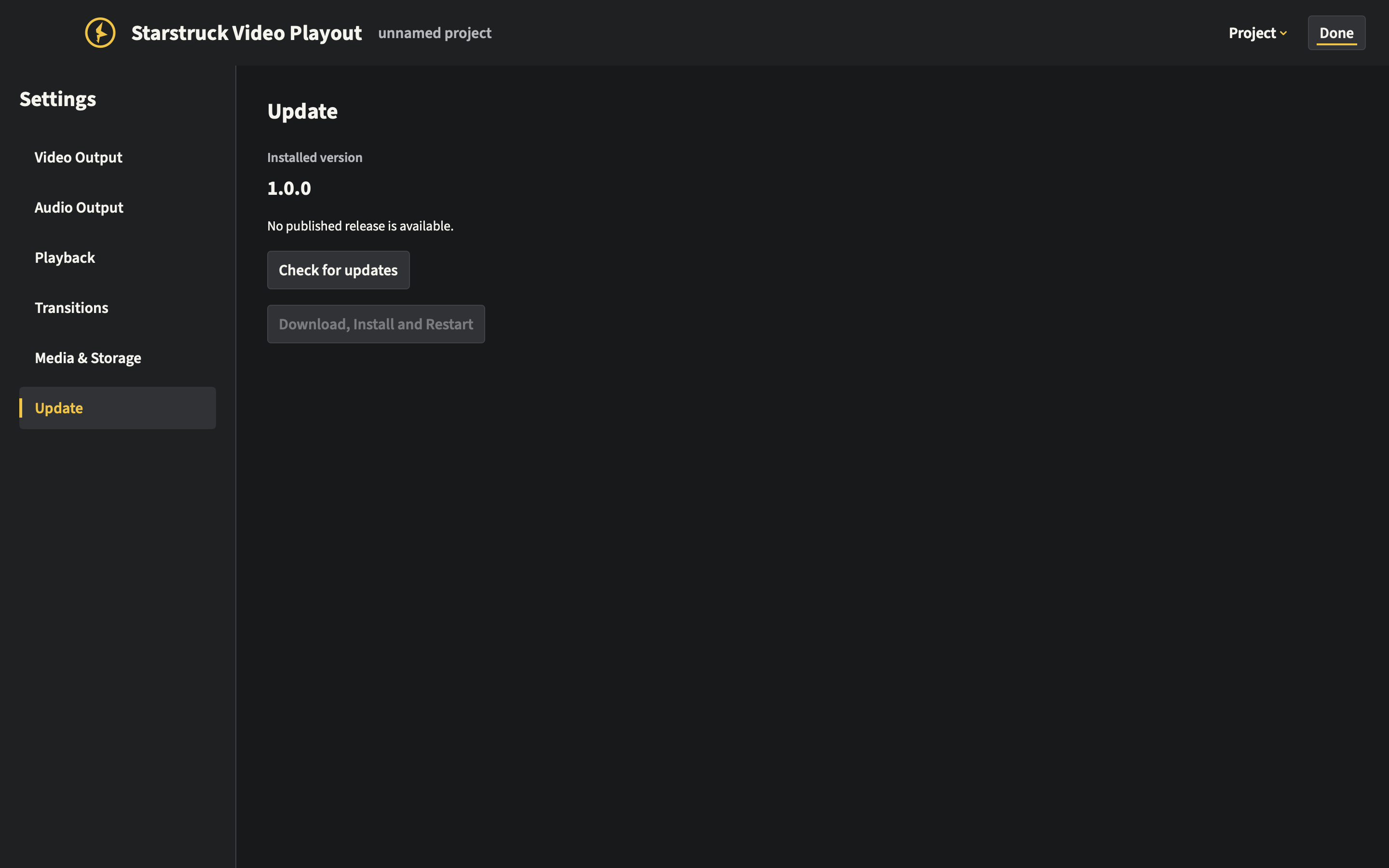 Update settings with Check for updates and Download, Install and Restart.