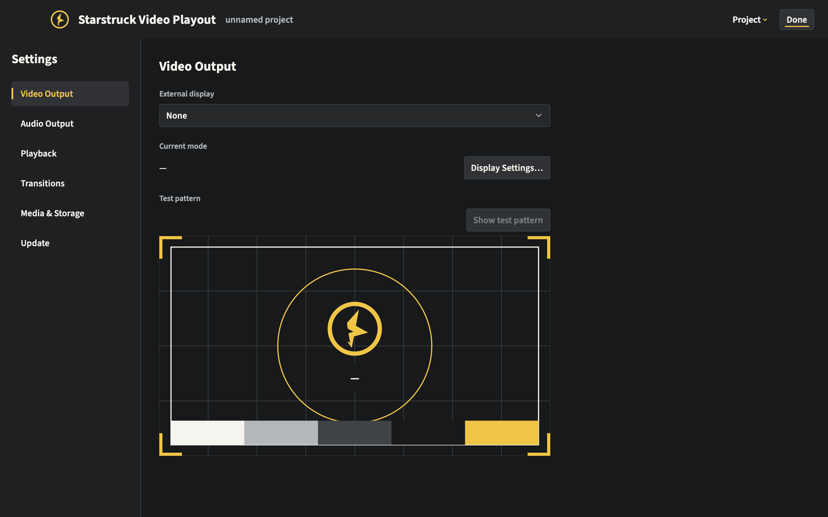 Video Output settings with the External display selector and test-pattern controls.